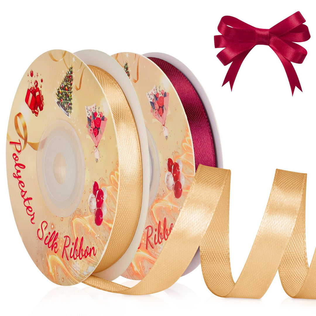 VynyQoo 2 Rolls 10mm Satin Ribbon Wide, Red and Gold Gift Wrap Ribbon, 22M Single Sided Ribbons for Gift Wrapping, Gift Wrapping Ribbon for Crafting, Wedding Party,Cake Wrapping Decorations