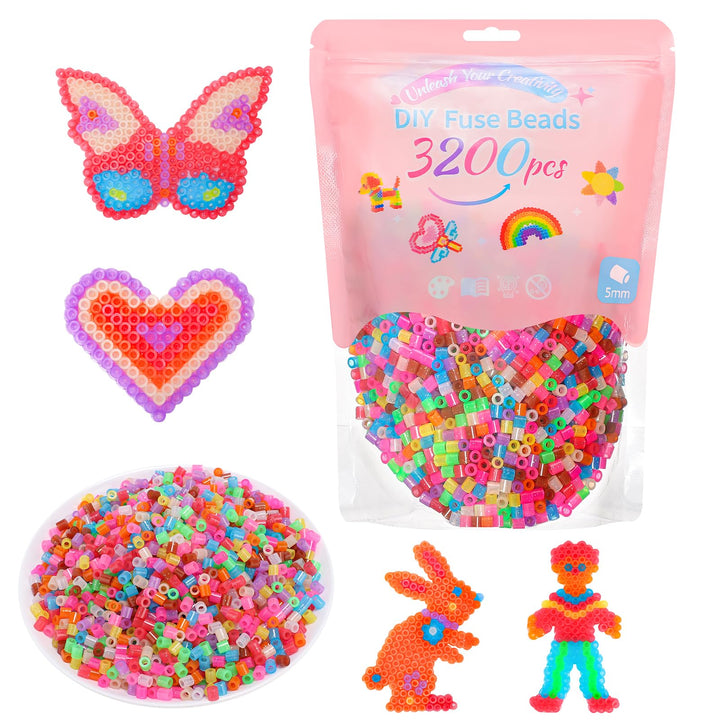 VynyQoo Glitter Iron Beads, 3200pcs 11 Colors Fuse Beads, 5mm Iron Beads for Kids 6+DIY Beads Set, Arts and Crafts Gifts for Birthday, New Year, Thanksgiving