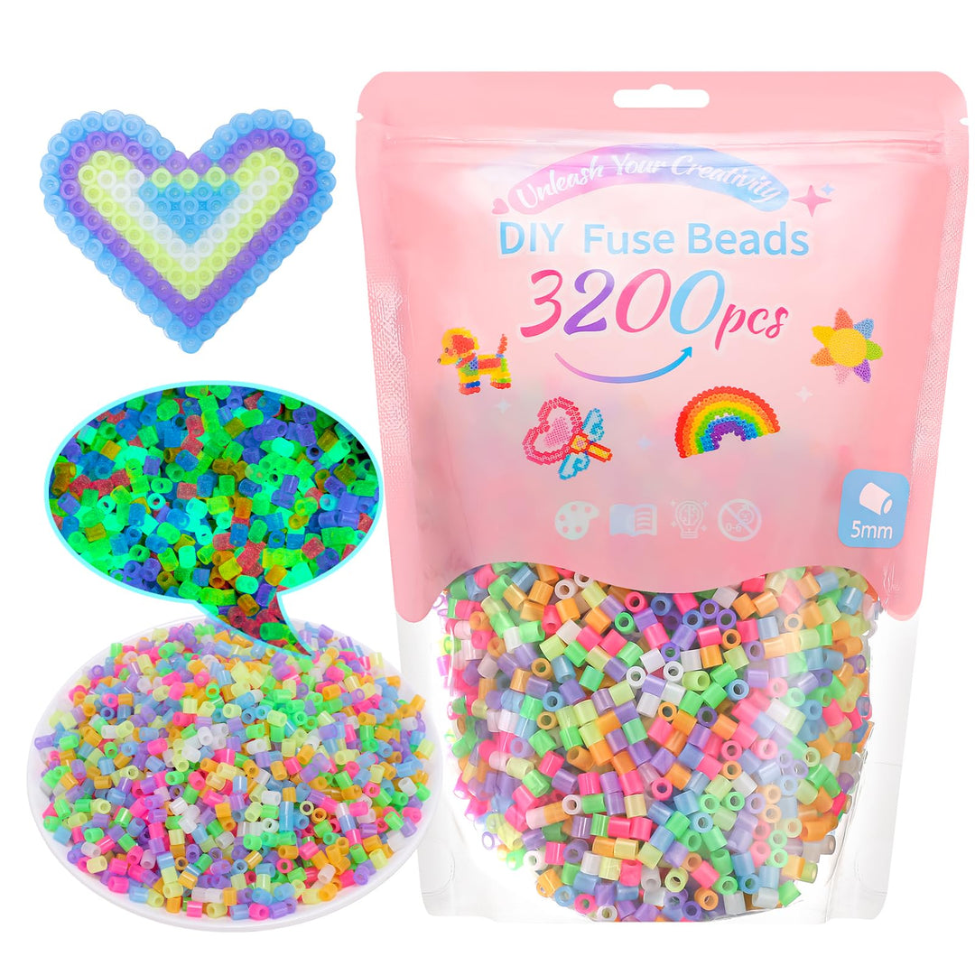 VynyQoo Luminous Fuse Beads, 3200pcs 7 Colors Glow in the Dark Beads, 5mm Iron Beads for Kids 6+DIY Hammer Beads, Arts and Crafts Gifts for Birthday, New Year, Thanksgiving
