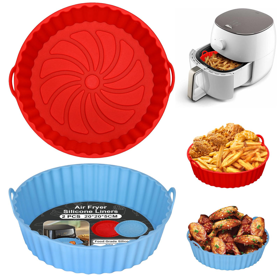 Alyvisun Air Fryer Silicone Liners, 2PCS Reusable Airfryer Basket Baking Tray Inserts Versatile Round Rack Pot for Microwave, Oven, Red+Sky Blue