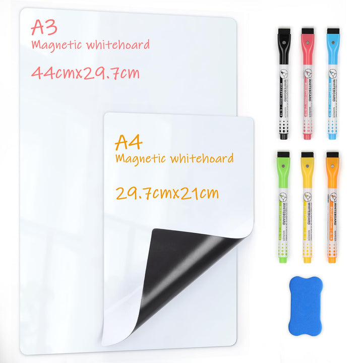 VynyQoo Magnetic Whiteboard for Fridge, 2-Pack A3 +A4 Dry Erase Magnet Boards with 6 Markers & 1 Eraser, Easy to Write and Wipe, Meal Weekly Planner for Home, Kitchen, Office, School