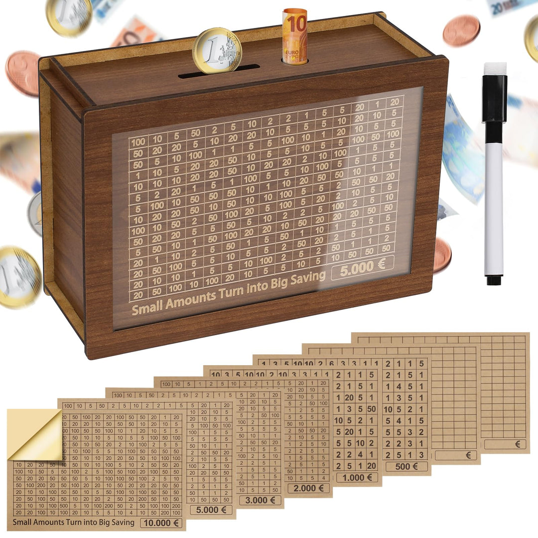 Alyvisun Wooden Stickers, Piggy 5000 Pound, Reusable Box with Counter Money Challenge Saving Bank Coin Cash Jar for Kids Adults 500-10000 DIY Target, Brown, One Size