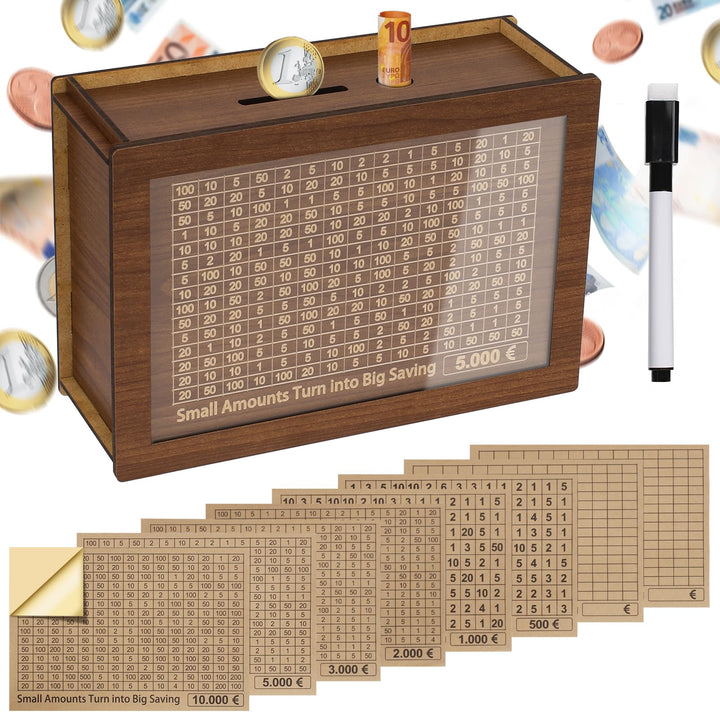 Alyvisun Wooden Stickers, Piggy 5000 Pound, Reusable Box with Counter Money Challenge Saving Bank Coin Cash Jar for Kids Adults 500-10000 DIY Target, Brown, One Size