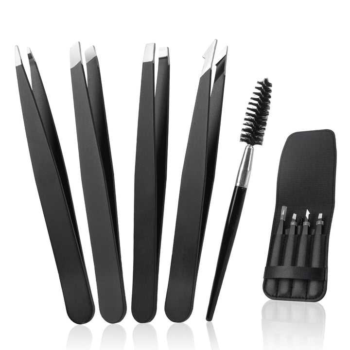 Alyvisun 5 x Professional Tweezers, Portable Stainless Steel Tweezers, Eyebrow Plucking, Textured Non-Slip Coating, Suitable for Facial Hair Removal for Women and Men (Black)