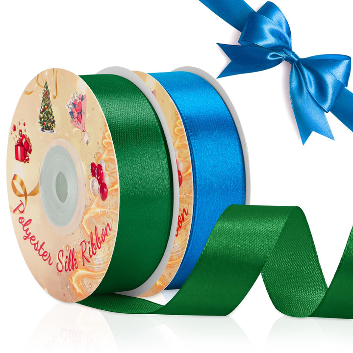 VynyQoo 2 Rolls 20mm Satin Ribbon Wide, Blue and Green Gift Wrap Ribbon, 22M Single Sided Ribbons for Gift Wrapping, Gift Wrapping Ribbon for Crafting, Wedding Party,Cake Wrapping Decorations