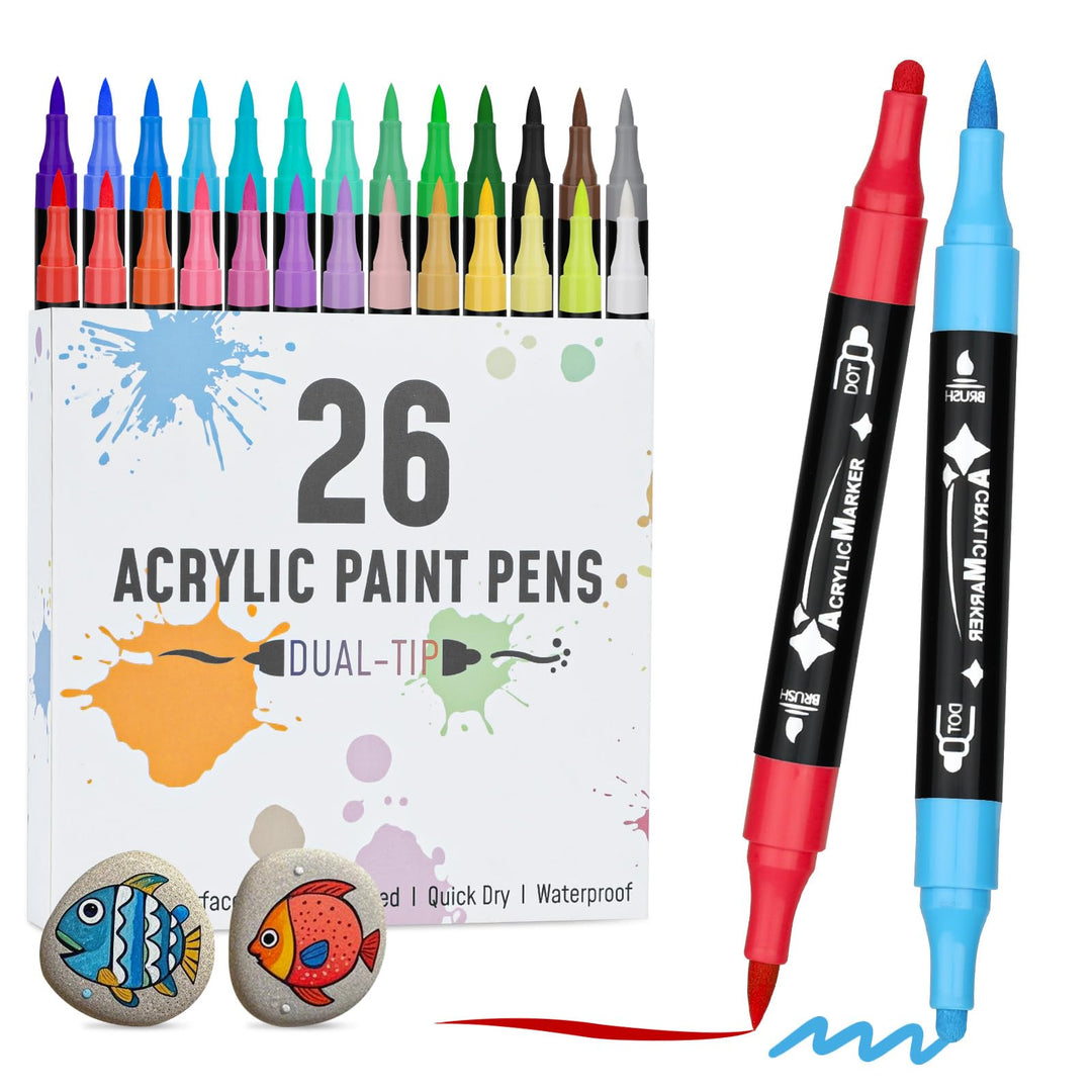 VynyQoo 26 Colours Acrylic Paint Pens Set, Dual Tip Acrylic Markers for Rock Painting with 0.5cm Extra Fine Tip, Water Based Colouring Pens for Wood Glass Ceramic Fabric for Adults Kids