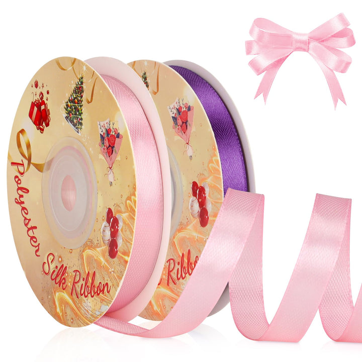VynyQoo 2 Rolls 10mm Satin Ribbon Wide, Pink and Purple Gift Wrap Ribbon, 22M Single Sided Ribbons for Gift Wrapping, Gift Wrapping Ribbon for Crafting, Wedding Party,Cake Wrapping Decorations