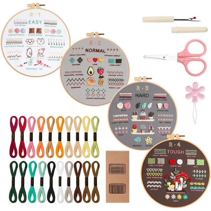VynyQoo 4pcs Embroidery Kits for Beginners, Embroidery Kit for Adults, Embroidery Starter Kit to Learn 40 Different Stitches, DIY Craft Embroidery Set with Video Tutorial and Instruction