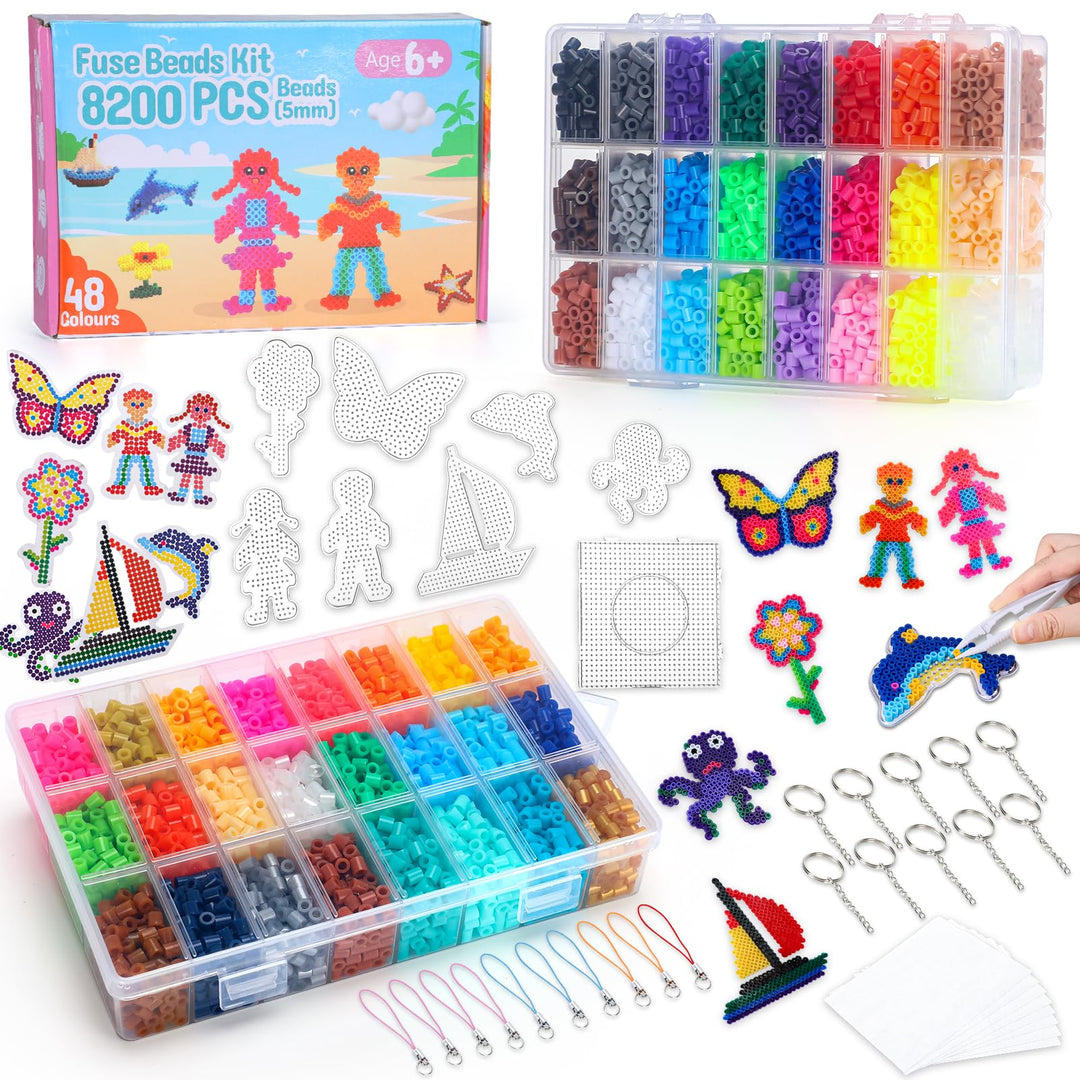 VynyQoo Fuse Beads Set, 8200pcs 5mm Iron Beads 48 Colours with Pegboards, Ironing Paper, Keyrings, Tweezers – DIY Arts and Crafts Toy for Stress Relief, Gift for Kids, Boys & Girls