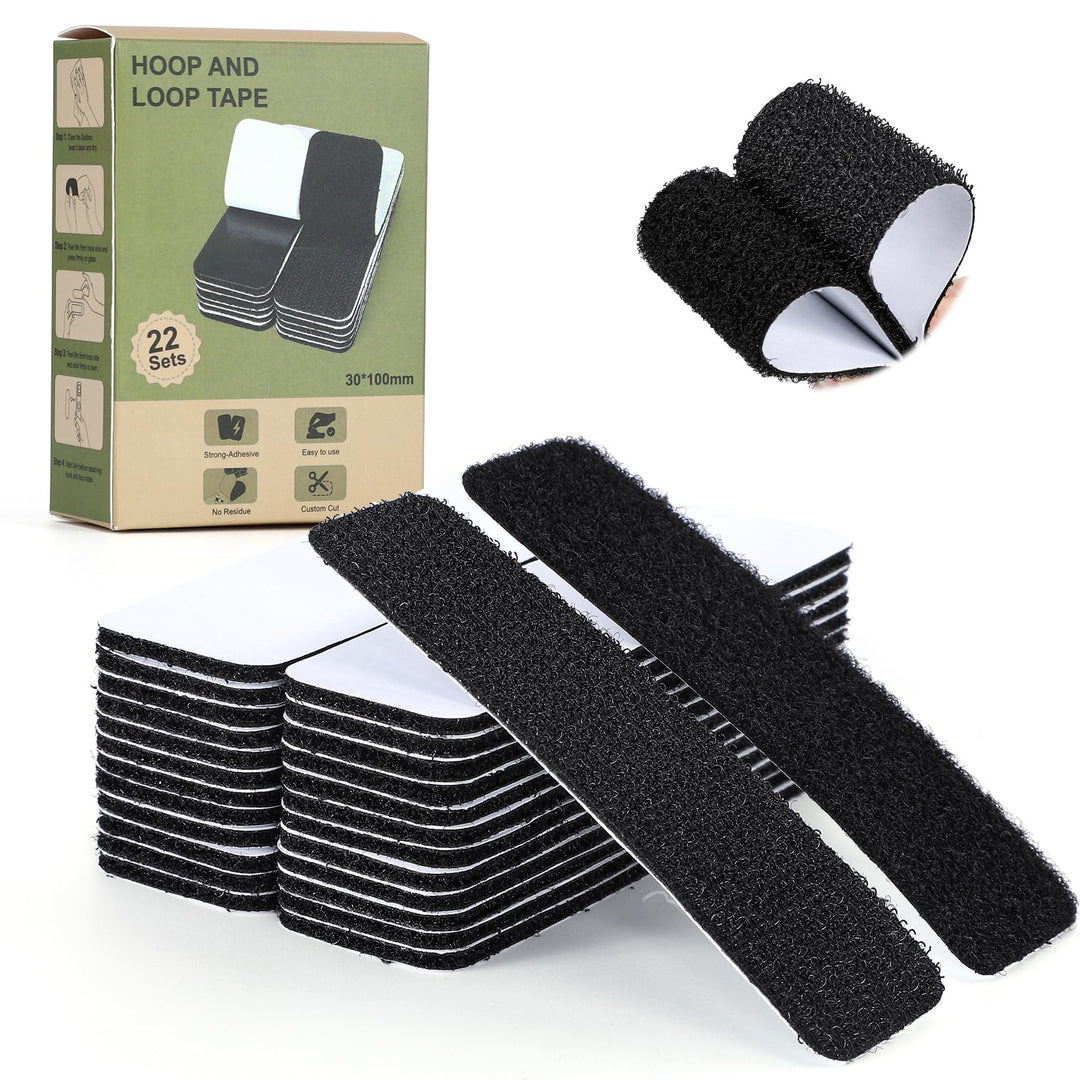 VynyQoo 22 Sets Strong Double Sided Tape, Durable & Removable Hook and Loop Tape Self Adhesive, Self Adhesive Mounting Tape for DIY Home, Office, Kitchen, Car Decoration (Black)