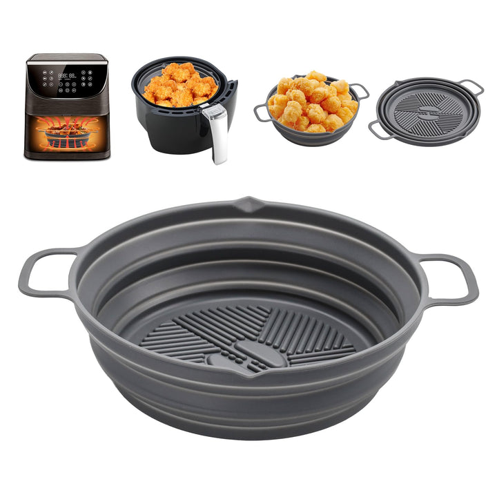 Alyvisun Air Fryer Liner Silicone Reusable Airfryer Basket Foldable Kitchen Pot Accessories Versatile Round Baking Pan for Microwave, Oven (Grey)
