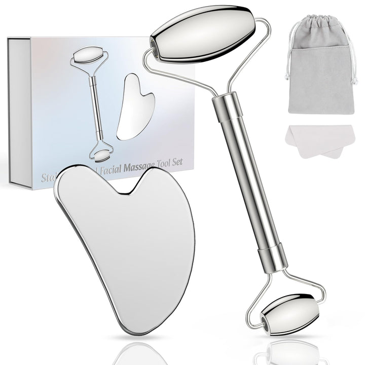 Alyvisun Gua Sha Set, Gua Sha Board & Face Roller Stainless Steel, Gua Sha Tool Skin Depuffing, Cold Uplift Facial Massage Beauty Device with Carrying Bag & Cleaning Cloth Gifts for Women