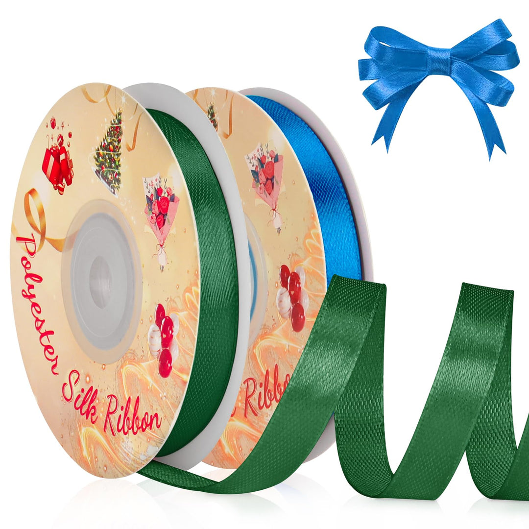 VynyQoo 2 Rolls 10mm Satin Ribbon Wide, Blue and Green Gift Wrap Ribbon, 22M Single Sided Ribbons for Gift Wrapping, Gift Wrapping Ribbon for Crafting, Wedding Party,Cake Wrapping Decorations