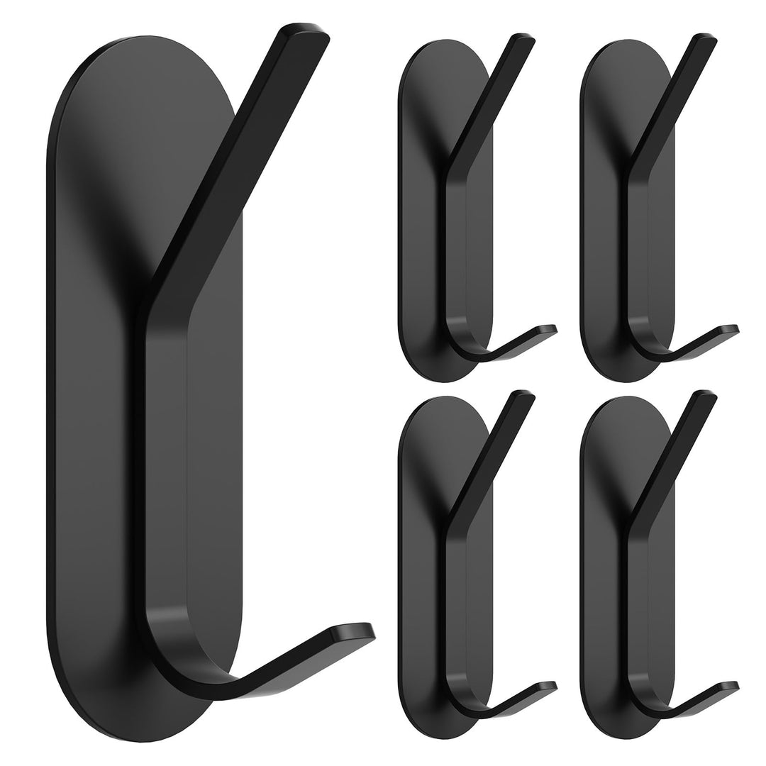 Alyvisun 5Pcs Self Adhesive Hooks, Stainless Steel Stick On Wall Hanging Hooks Heavy Duty, Strong Adhesive Sticky Hooks for Bathroom, Kitchen, Cupboard, Back of Door (Black)