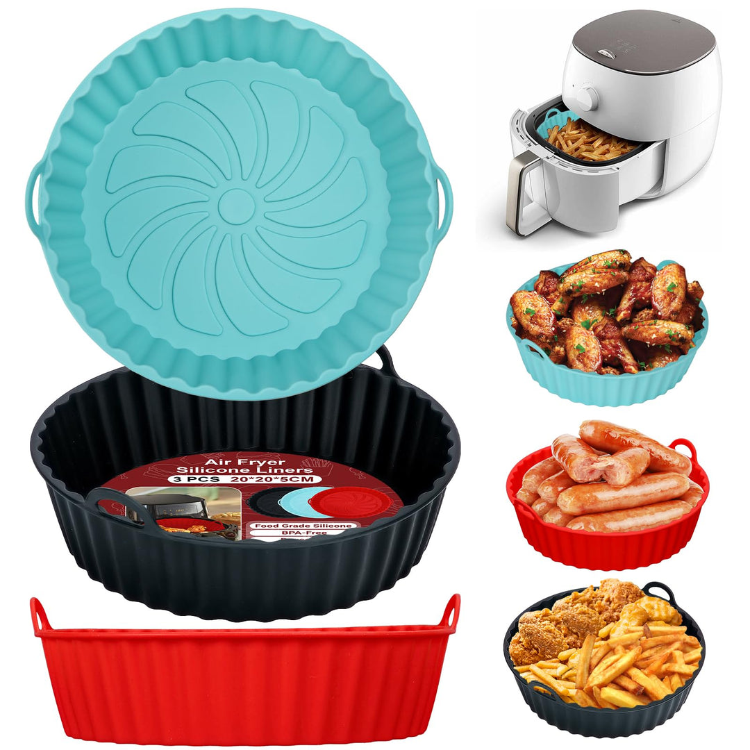Alyvisun Air Fryer Silicone Liners, 3PCS Reusable Airfryer Basket Baking Tray Inserts Versatile Round Rack Pot for Microwave, Oven, Red+Black+Blue