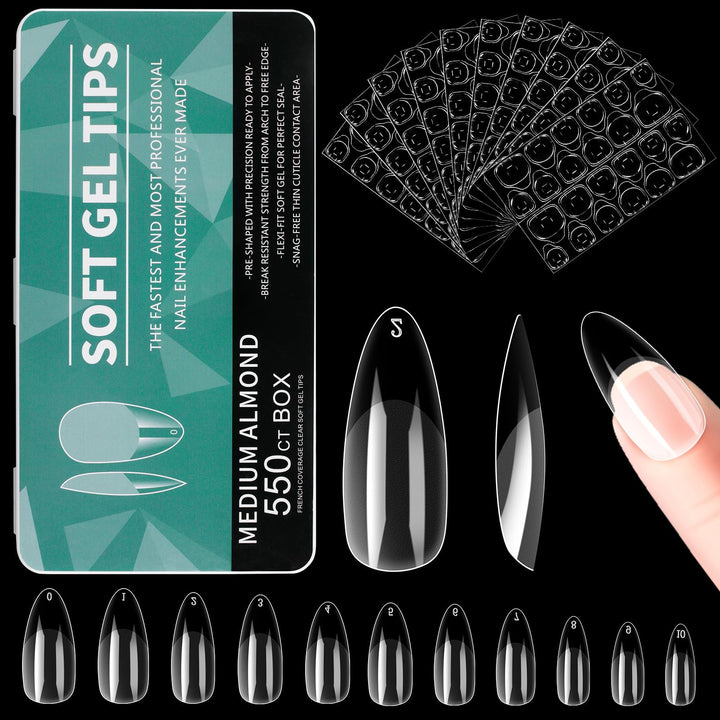 Alyvisun Acrylic Fake Press On Nail Tips, 550 Pcs Clear False Nails Kit in 11 Sizes with 240 Pcs Soft Gel Nail Stickers Set, Full Cover Half Matte
