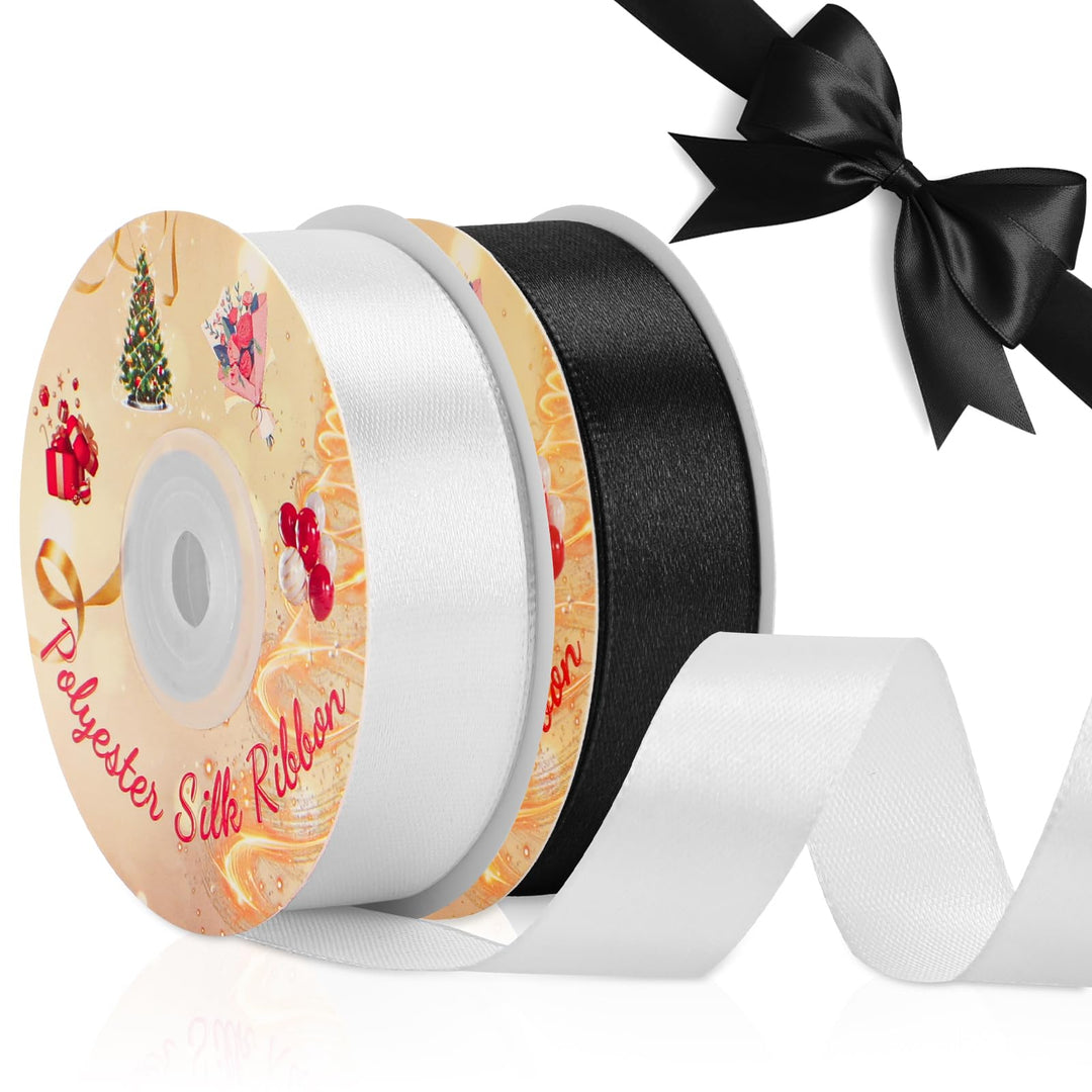 VynyQoo 2 Rolls 20mm Satin Ribbon Wide, Black and White Gift Wrap Ribbon, 22M Single Sided Ribbons for Gift Wrapping, Gift Wrapping Ribbon for Crafting, Wedding Party,Cake Wrapping Decorations