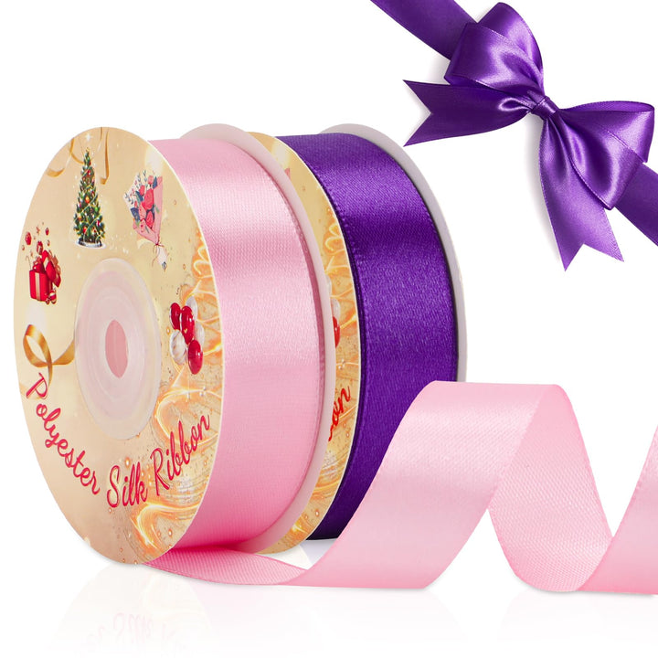 VynyQoo 2 Rolls 20mm Satin Ribbon Wide, Pink and Purple Gift Wrap Ribbon, 22M Single Sided Ribbons for Gift Wrapping, Gift Wrapping Ribbon for Crafting, Wedding Party,Cake Wrapping Decorations