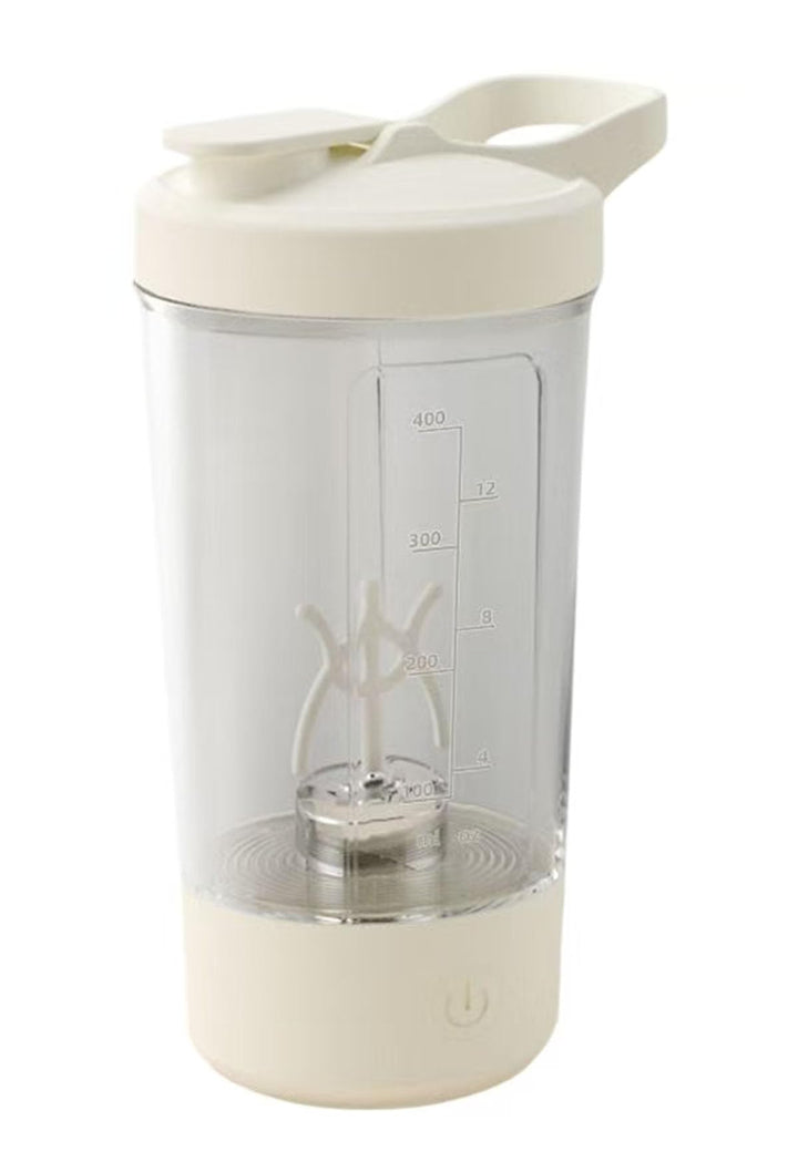 Electric Protein Shaker Bottle with USB Charging, Clear Glass with White Lid, 400ml Capacity, Portable Blender Cup with Measurement Markings
