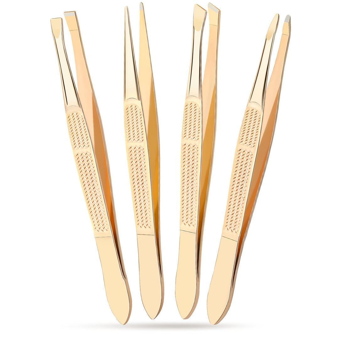 Alyvisun 4Pcs Professional Tweezers for Facial Hair Women and Men, Portable Stainless Steel Eyebrow Tweezers Set, Precision Tweezers for Ingrown Hair (Golden), Gold