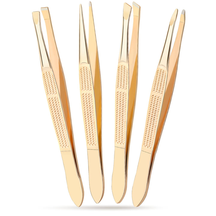 Alyvisun 4Pcs Professional Tweezers for Facial Hair Women and Men, Portable Stainless Steel Eyebrow Tweezers Set, Precision Tweezers for Ingrown Hair (Golden), Gold