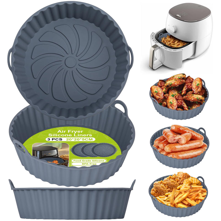 Alyvisun Air Fryer Silicone Liners, 3PCS Reusable Airfryer Basket Baking Tray Inserts Versatile Round Rack Pot for Microwave, Oven, Grey