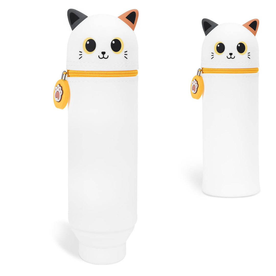 VynyQoo Pencil Case Kawaii Silicone, Pencilcase Expandable 2 in 1, Cute Pen Case, Zippered Pen Pouch for Kids, Desk Table Pen Holder Multifunctional, White cat