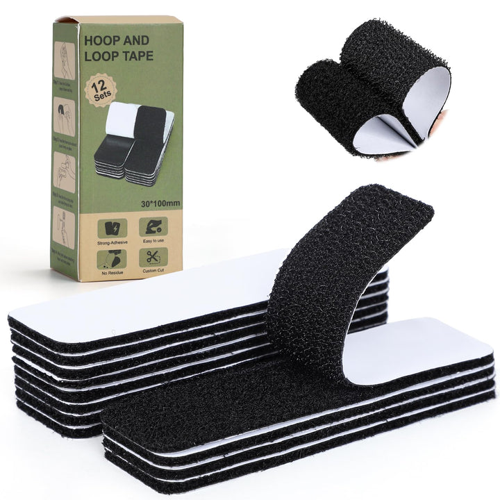 VynyQoo 12 Sets Hook and Loop Tape Self Adhesive， Durable & Removable Strong Double Sided Tape, Self Adhesive Mounting Tape for DIY Home, Office, Kitchen, Car Decoration (Black)