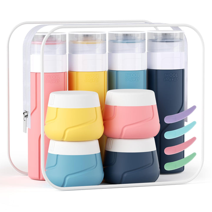 Alyvisun 14pcs Silicone Travel Bottles for Toiletries Set, 100ml Refillable Travel Bottles, 30ml Cream Jars with Scoops and Storage Bag, Leakproof Toiletry Containers for Shampoo Lotion