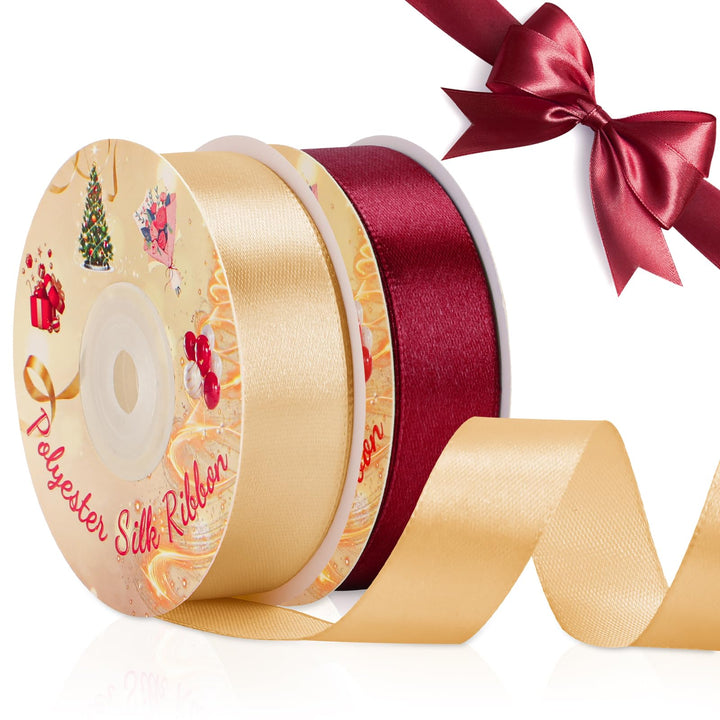 VynyQoo 2 Rolls 20mm Satin Ribbon Wide, Red and Gold Gift Wrap Ribbon, 22M Single Sided Ribbons for Gift Wrapping, Gift Wrapping Ribbon for Crafting, Wedding Party,Cake Wrapping Decorations