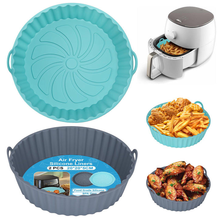 Alyvisun Air Fryer Silicone Liners, 2PCS Reusable Airfryer Basket Baking Tray Inserts Versatile Round Rack Pot for Microwave, Oven, Grey+Blue