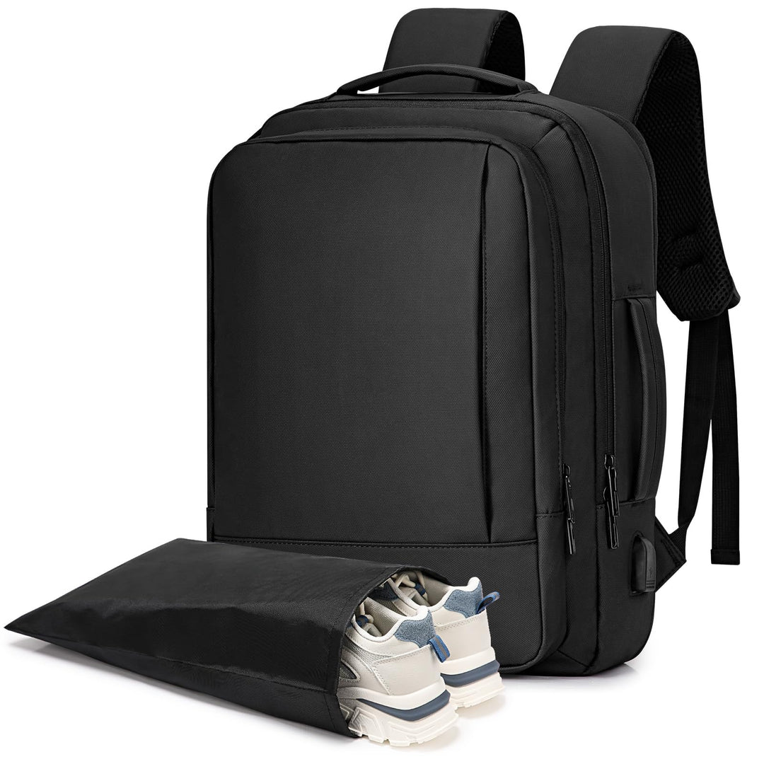 Alyvisun Airline Cabin Bag 42x30x20, Expandable Travel Backpack 18.9-25.2 L, Hand Luggage Rucksack with Laptop Compartment and Shoe Bag, for Boarding, Working, Travel, Black