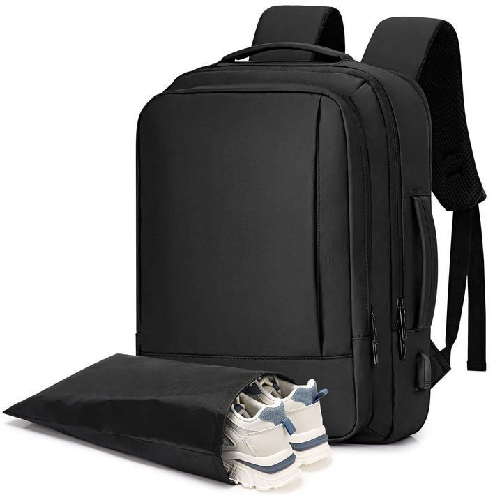 Alyvisun Airline Cabin Bag 42x30x20, Expandable Travel Backpack 18.9-25.2 L, Hand Luggage Rucksack with Laptop Compartment and Shoe Bag, for Boarding, Working, Travel, Black