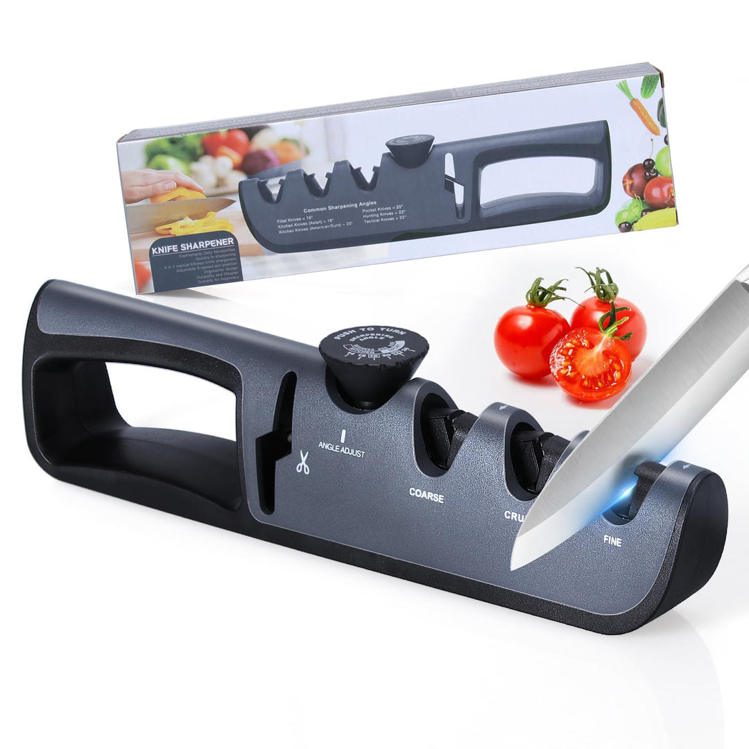 Alyvisun Kitchen Knife Sharpener, Manual 4 in 1, Ergonomic Handle, Non-Slip Base (Black)