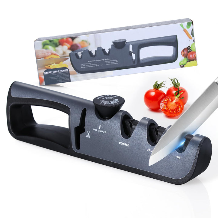 Alyvisun Kitchen Knife Sharpener, Manual 4 in 1, Ergonomic Handle, Non-Slip Base (Black)
