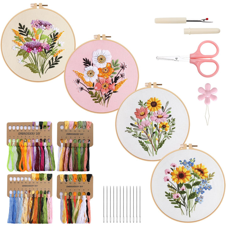 VynyQoo 4pcs Embroidery Kits Flower, Embroidery Kit for Beginners, Embroidery Starter Kit Adults, Stamped Embroidery kit with Flower Pattern, DIY Craft Embroidery with Video Tutorial Instruction