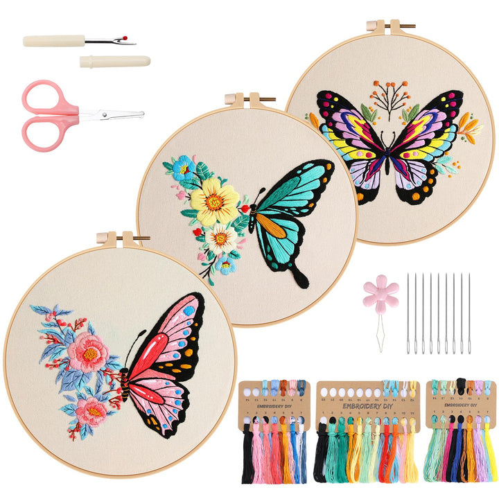 VynyQoo 3pcs Embroidery Kits Butterfly, Embroidery Kit for Beginners, Embroidery Starter Kit Adults, Stamped Embroidery kit with Butterfly Pattern, DIY Craft Embroidery with Video Tutorial Instruction