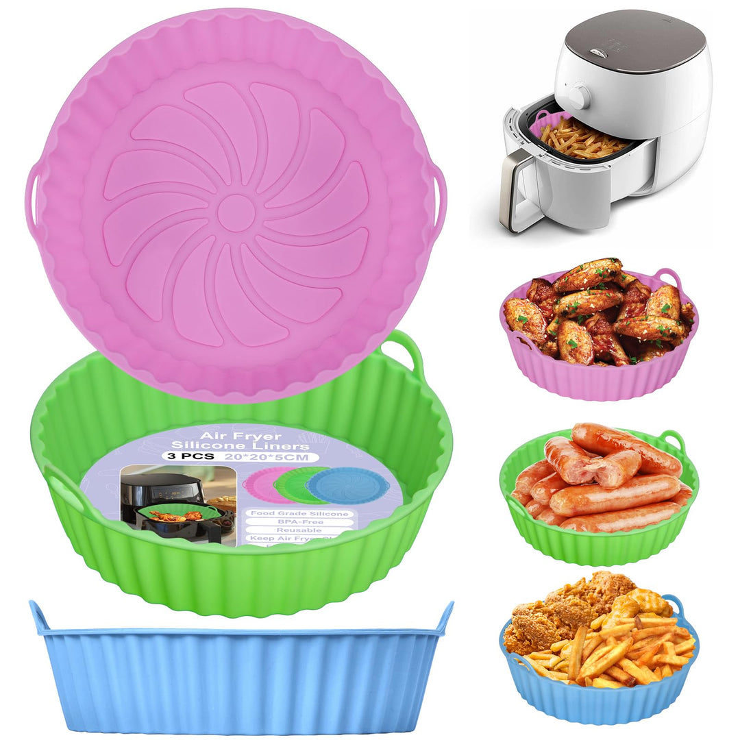 Alyvisun Air Fryer Silicone Liners, 3PCS Reusable Airfryer Basket Baking Tray Inserts Versatile Round Rack Pot for Microwave, Oven, Pink+Green+Sky Blue