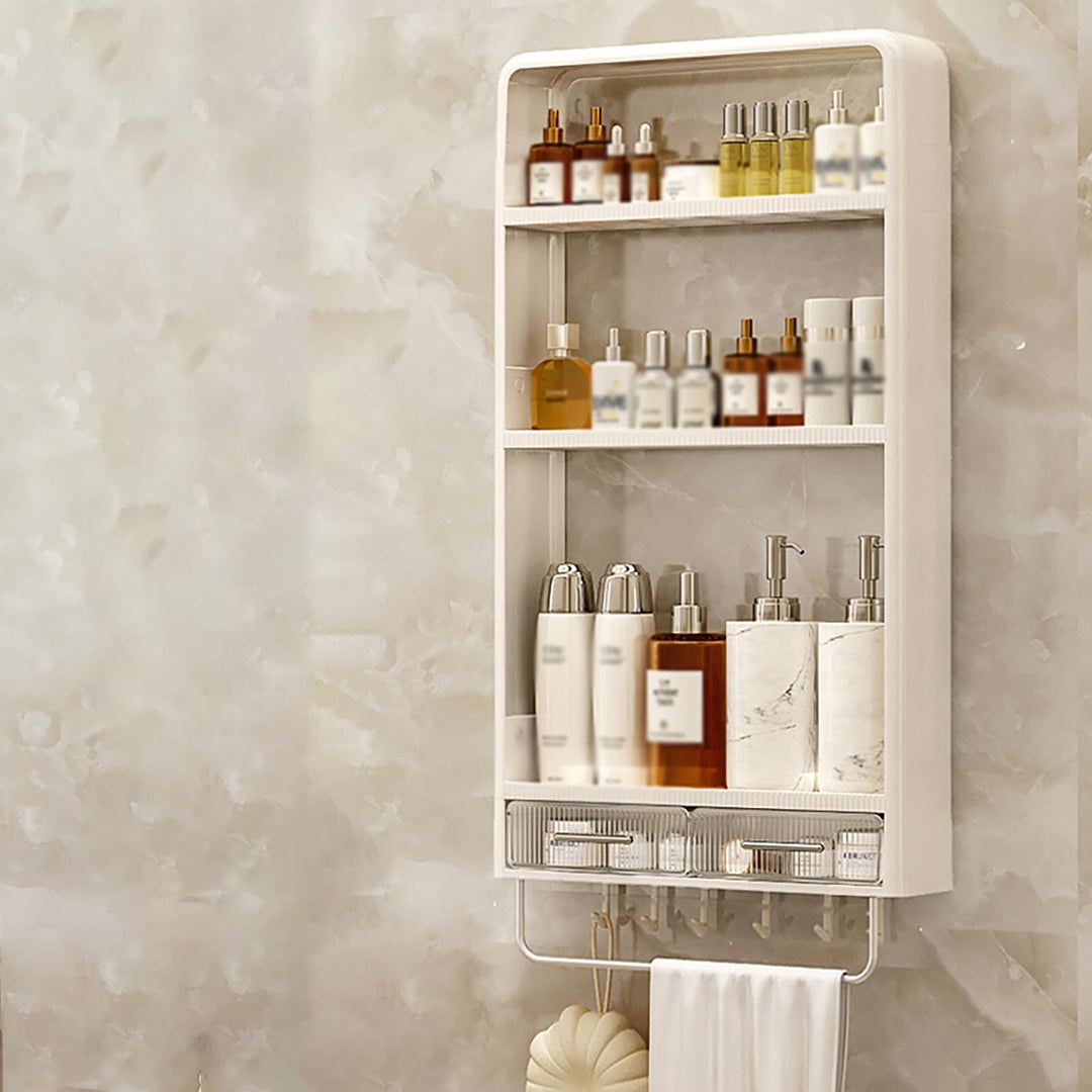 No Drilling Adhesive Wall Mounted Storage Rack, with 6 Hooks,Drawer and Towel Railbathroom Organiser for Kirchen Or Restroom