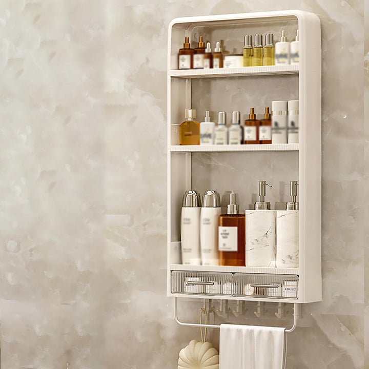 No Drilling Adhesive Wall Mounted Storage Rack, with 6 Hooks,Drawer and Towel Railbathroom Organiser for Kirchen Or Restroom
