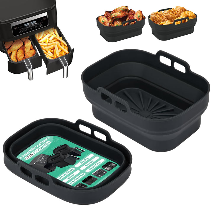 Alyvisun Air Fryer Silicone, 2PCS Reusable Dual Airfryer Accessories Liner Foldable Baking Rack Moulds Rectangular Basket Versatile Non Stick Tray (Black)