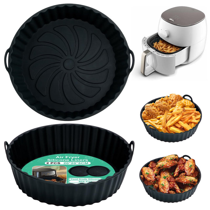 Alyvisun Air Fryer Silicone Liners, 2PCS Reusable Airfryer Basket Baking Tray Inserts Versatile Round Rack Pot for Microwave, Oven, Black