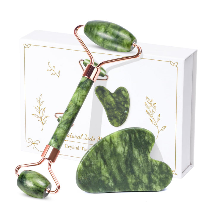 Alyvisun Natural Green Jade Gua Sha Set and Jade Roller,for Neck and Body Massage Tool, Facial Massage Board for Relieving Puffiness and Jawline Improving with User Manual, Skincare Gift for Women