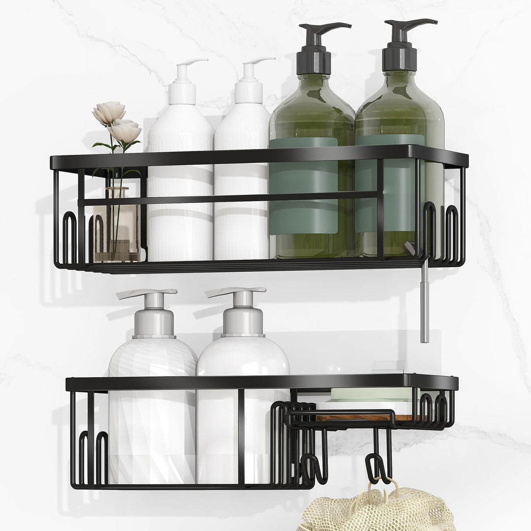 Alyvisun 2 Pack Large Capacity Shower Caddy with Strong Adhesive & Load Bearing, Stainless Steel Bathroom Shelves with Soap Holder and Hooks, Rustproof Shower Storage Caddy No Drilling