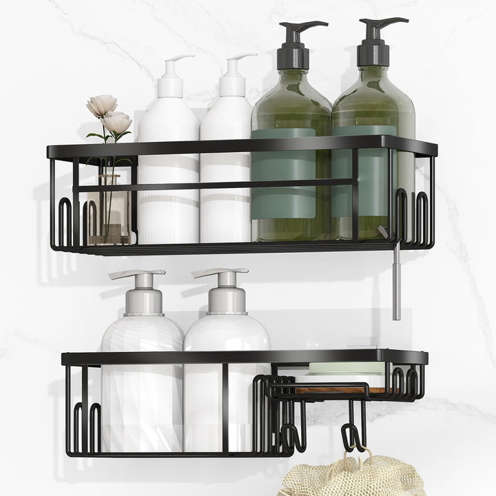 Alyvisun 2 Pack Large Capacity Shower Caddy with Strong Adhesive & Load Bearing, Stainless Steel Bathroom Shelves with Soap Holder and Hooks, Rustproof Shower Storage Caddy No Drilling