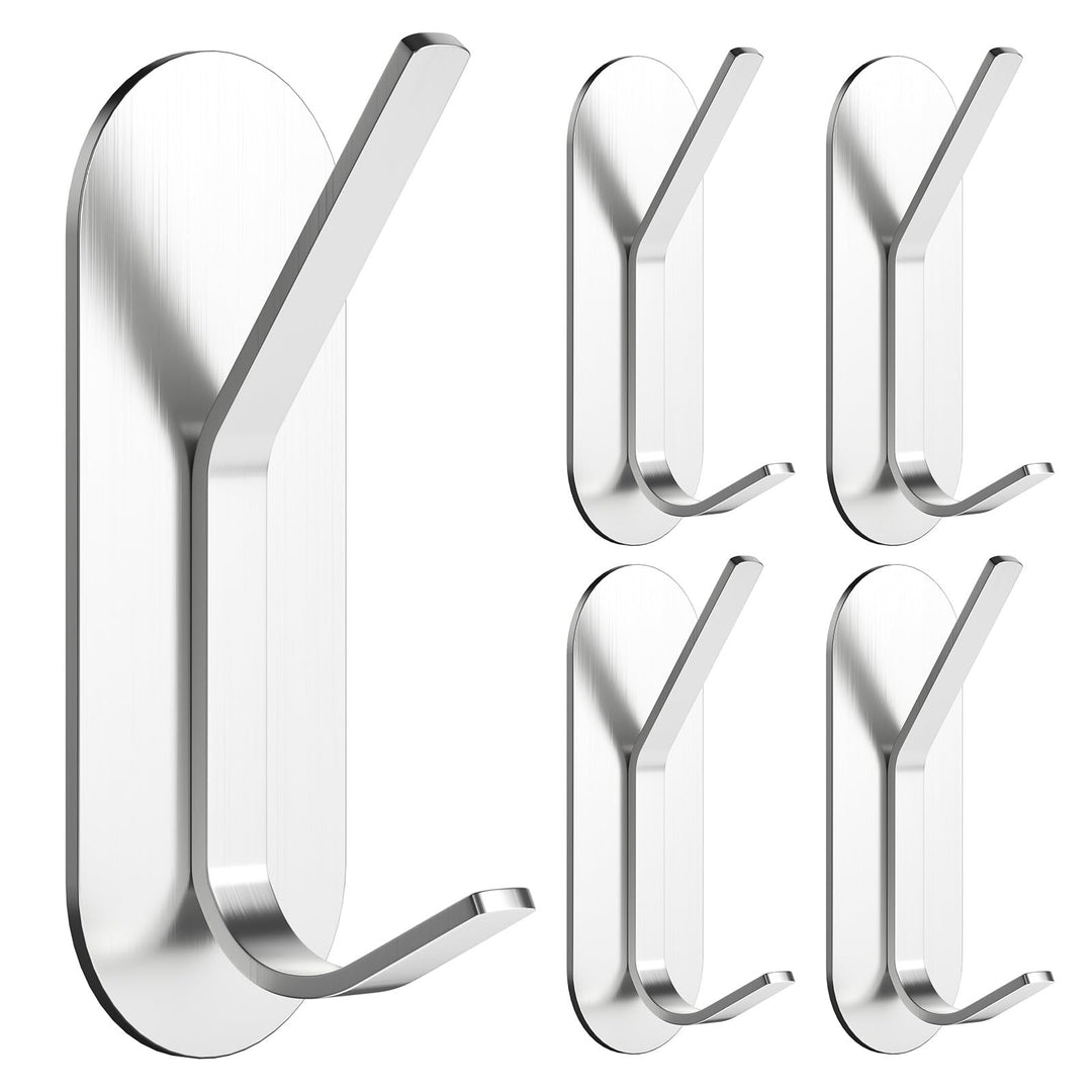 Alyvisun 5Pcs Self Adhesive Hooks, Stainless Steel Stick On Wall Hanging Hooks Heavy Duty, Strong Adhesive Sticky Hooks for Bathroom, Kitchen, Cupboard, Back of Door (Silver)
