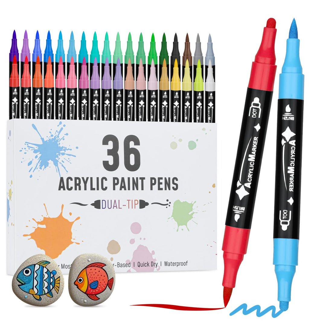 VynyQoo 36 Colours Acrylic Paint Pens Set, Dual Tip Markers, Acrylic Pens for Rock Painting with 0.5cm Extra Fine Tip, Water Based Colouring for Wood Glass Ceramic Fabric for Adults Kids