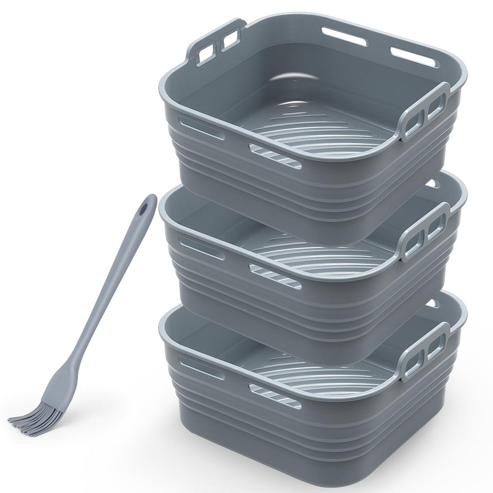 Alyvisun Silicone Oil Brush, 3PCS Airfryer Liners Foldable Baking Trays Reusable Air Fryer Rack Versatile Accessories Baskets Square Inserts for Microwave, Oven, Grey