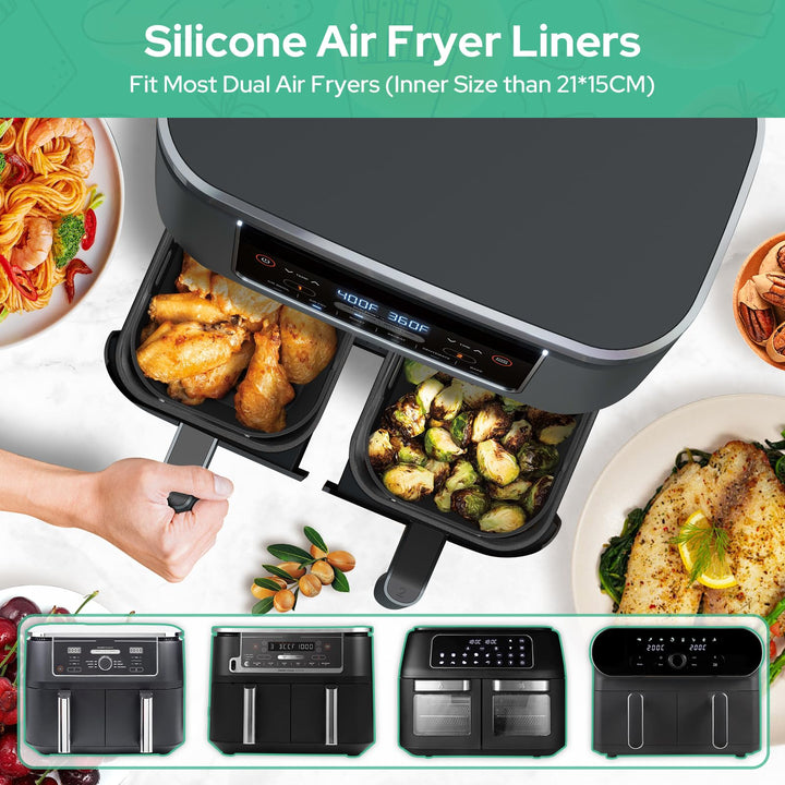 Alyvisun Air Fryer Silicone, 2PCS Reusable Dual Airfryer Accessories Liner Foldable Baking Rack Moulds Rectangular Basket Versatile Non Stick Tray (Black)