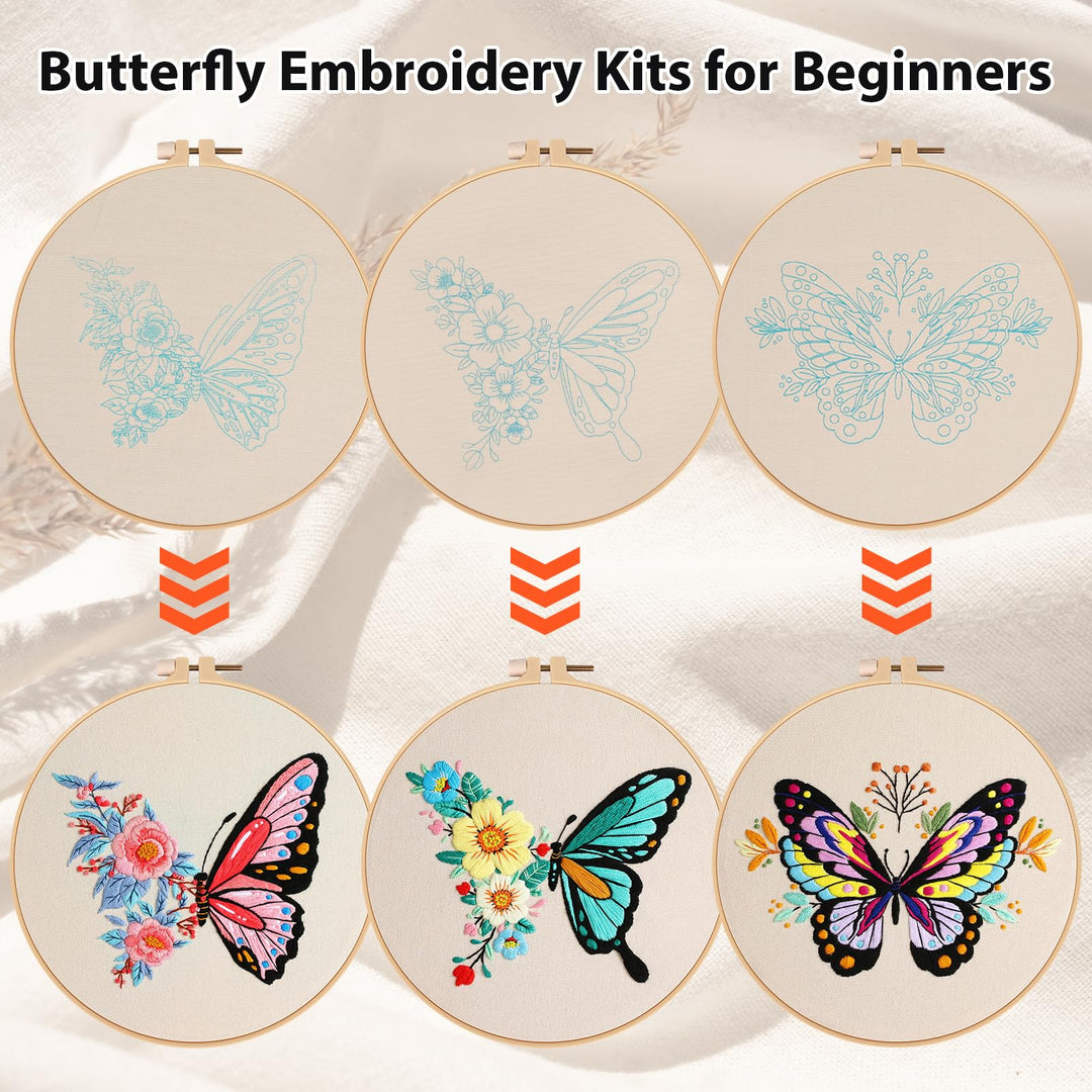 VynyQoo 3pcs Embroidery Kits Butterfly, Embroidery Kit for Beginners, Embroidery Starter Kit Adults, Stamped Embroidery kit with Butterfly Pattern, DIY Craft Embroidery with Video Tutorial Instruction